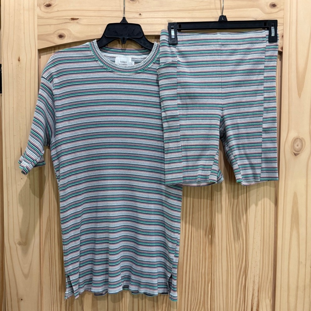 Things Between Womens Striped Ribbed Knit T-Shirt and Biker Shorts Set Green L/M